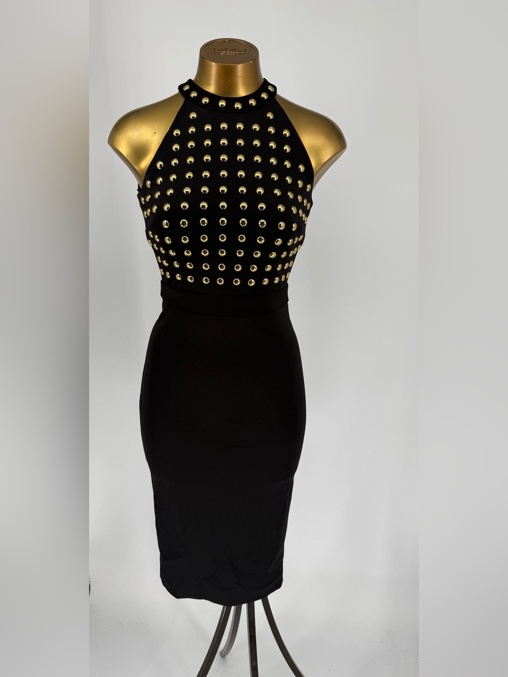 Marciano Black Gold Studded Halter Midi Bodycon Dress Size XS